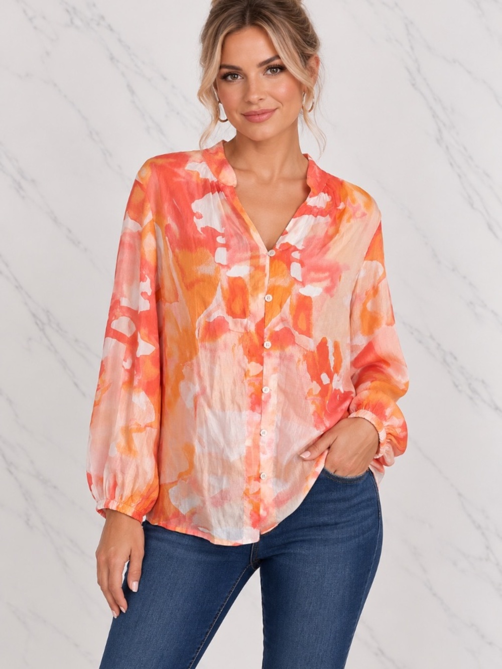 CHICO'S Watercolor Abstract Button Down Blouse Top Orange Pink Long Sleeve Sz 10